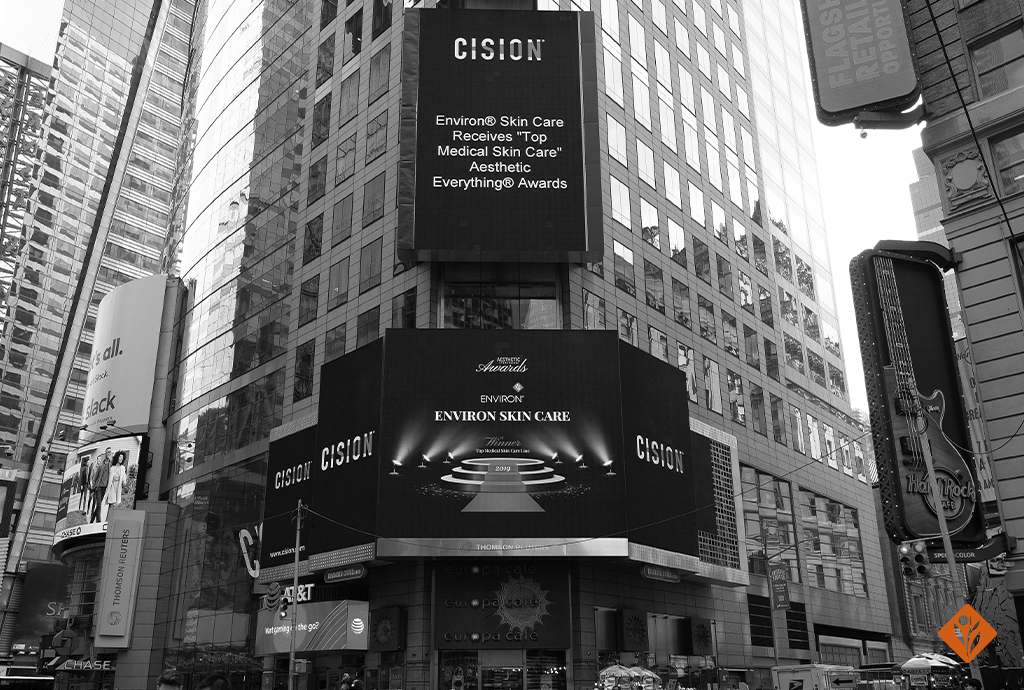 Environ skincare award displayed on New York's Time Square